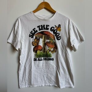 White Tee with Mushroom and Butterfly Design